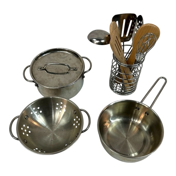 Melissa & Doug 12 Pc Pots & Pans Utensils Kitchen Play Set Stainless Steel - Picture 1 of 12